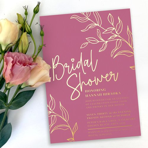Rose pink gold branch of leaves bridal shower foil invitation