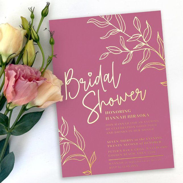Rose pink gold branch of leaves bridal shower foil invitation (Creator Uploaded)