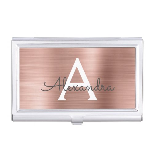 Rose Pink Gold Brushed Metal Monogram Business Card Case