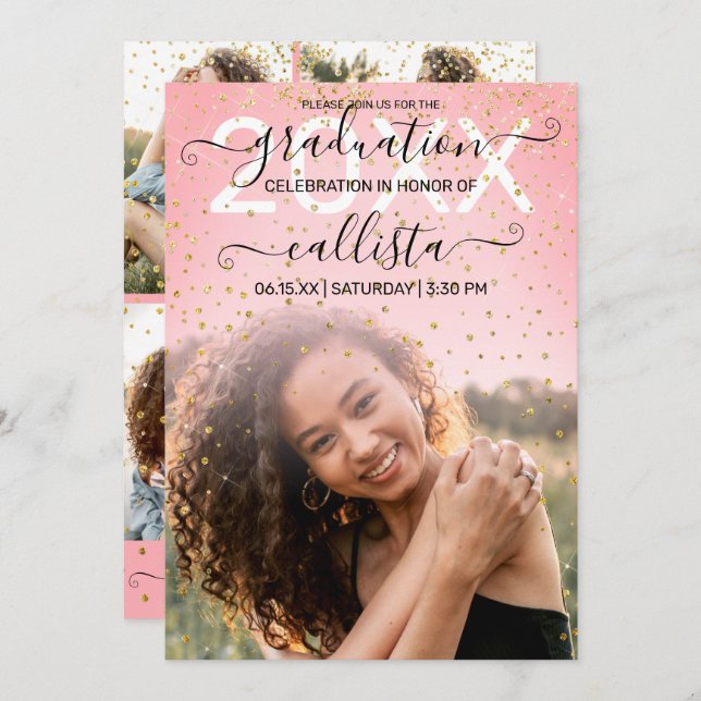 Rose Pink Gold Confetti Photo Collage Graduation Invitation (Front/Back)