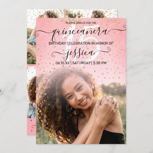 Rose Pink Gold Confetti Photo Collage Quinceaera Invitation