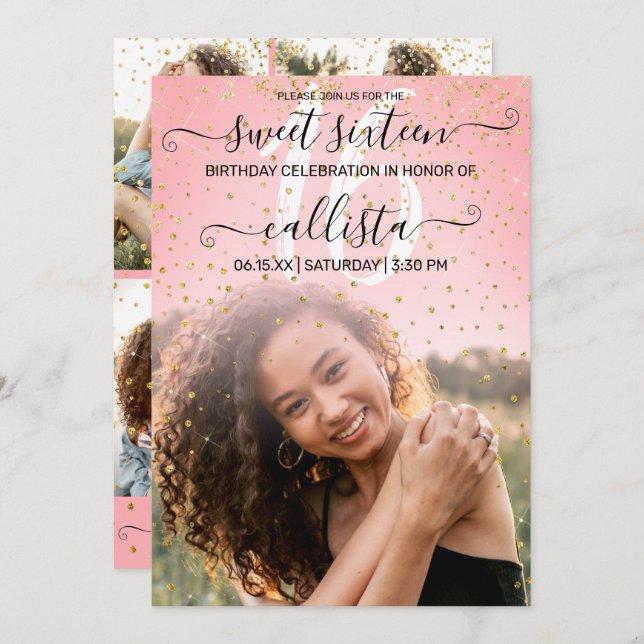 Rose Pink Gold Confetti Photo Collage Sweet 16 Invitation (Front/Back)