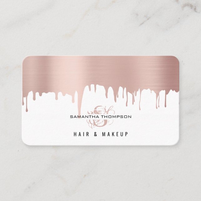 Rose Pink Gold Drips Hair & Makeup Artist Business Card (Front)