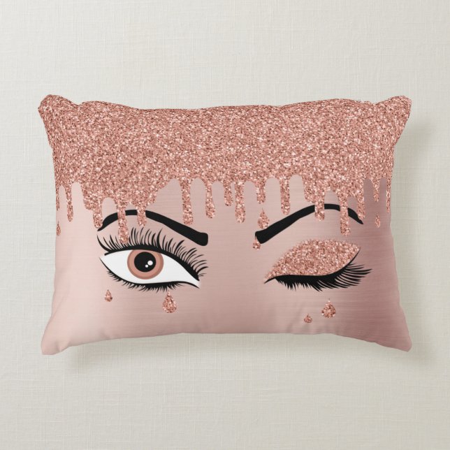 Rose Pink Gold Eyelashes Dripping Glitter Accent Pillow (Front)