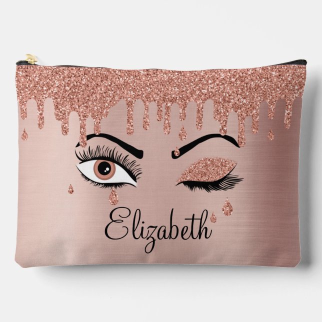 Rose Pink Gold Eyelashes Dripping Glitter Accessory Pouch (Front)
