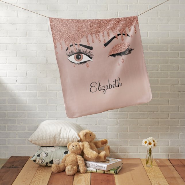 Rose Pink Gold Eyelashes Dripping Glitter Baby Blanket (In Situ)