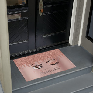 Rose Pink Gold Eyelashes Dripping Glitter Business Doormat