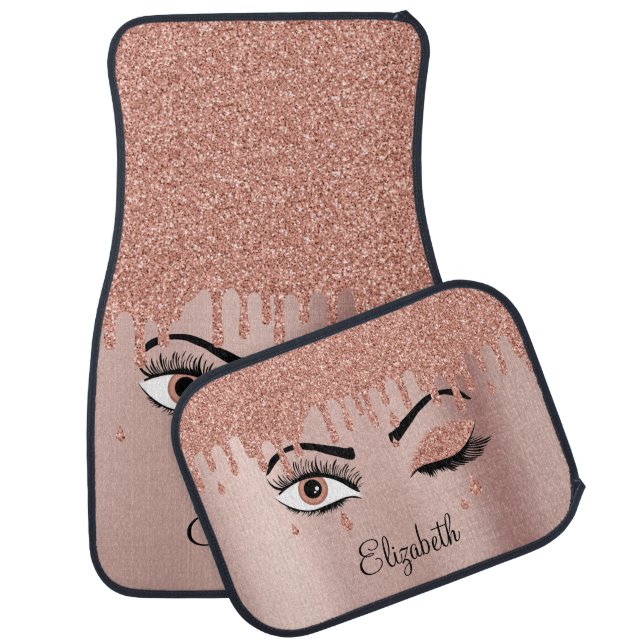 Rose Pink Gold Eyelashes Dripping Glitter  Car Floor Mat (Set)
