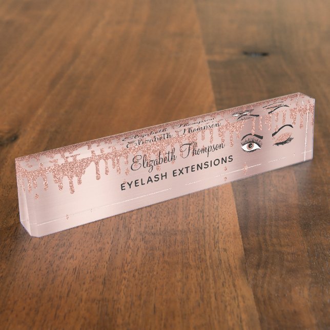 Rose Pink Gold Eyelashes Dripping Glitter  Desk Name Plate (Side)