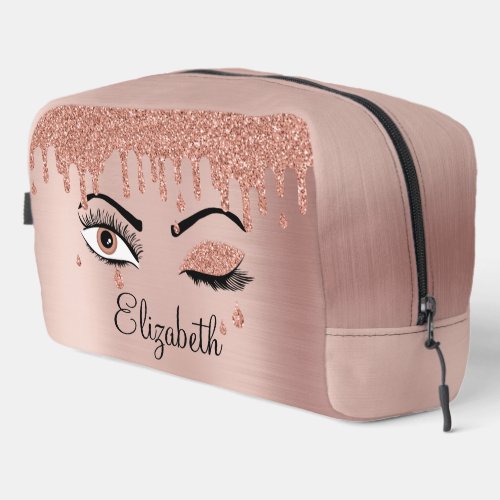 Rose Pink Gold Eyelashes Dripping Glitter Dopp Kit