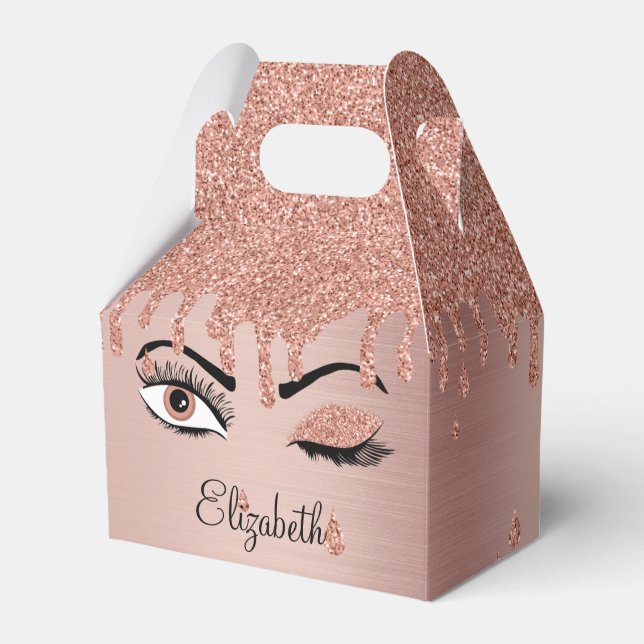 Rose Pink Gold Eyelashes Dripping Glitter Favor Boxes (Front Side)