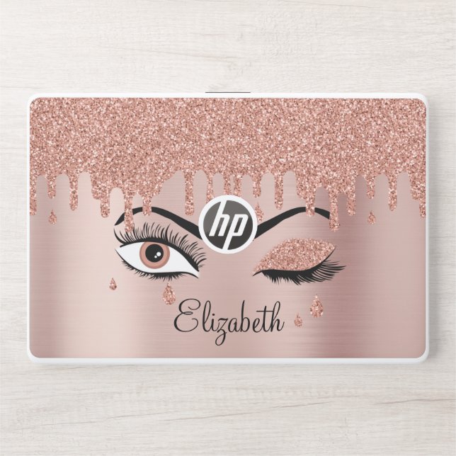 Rose Pink Gold Eyelashes Dripping Glitter HP Laptop Skin (Front)