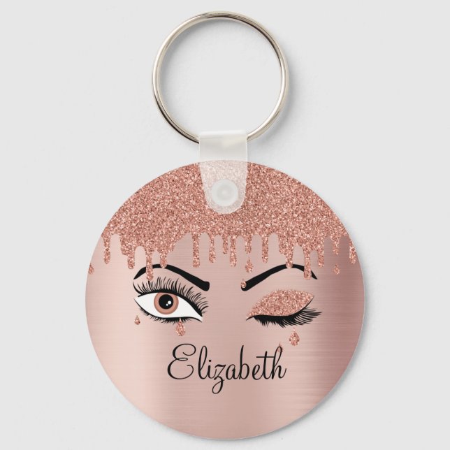 Rose Pink Gold Eyelashes Dripping Glitter Keychain (Front)