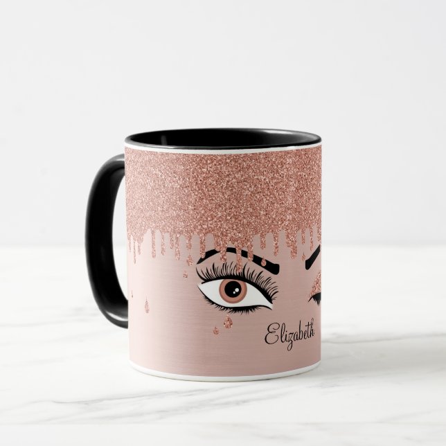Rose Pink Gold Eyelashes Dripping Glitter Name Mug (Front Left)