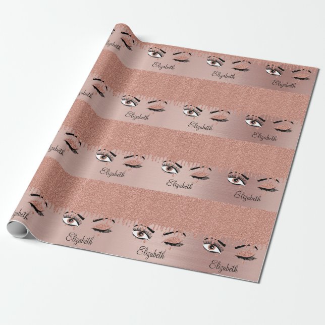 Rose Pink Gold Eyelashes Dripping Glitter Name  Wrapping Paper (Unrolled)