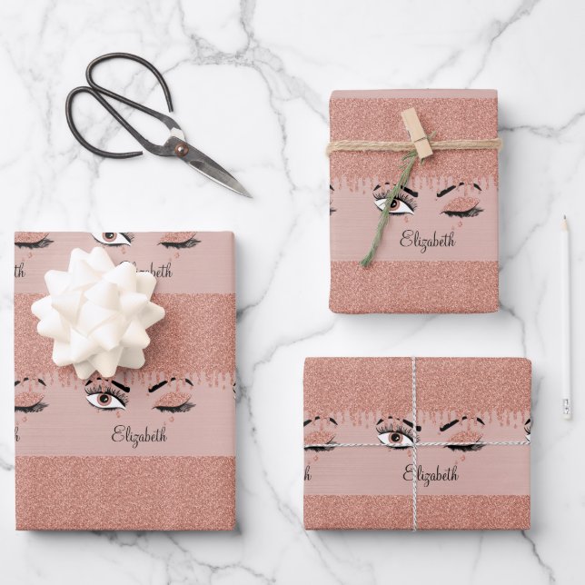 Rose Pink Gold Eyelashes Dripping Glitter Name Wrapping Paper Sheets (Front)