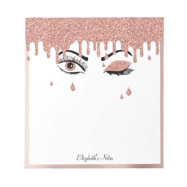 Rose Pink Gold Eyelashes Dripping Glitter  Notepad (Front)