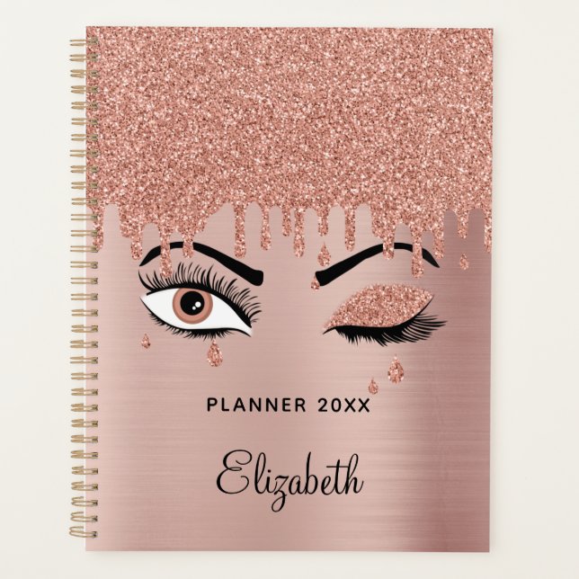 Rose Pink Gold Eyelashes Dripping Glitter  Planner (Front)