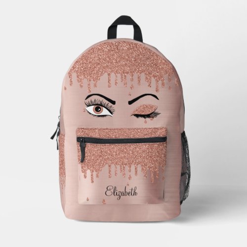 Rose Pink Gold Eyelashes Dripping Glitter Printed Backpack