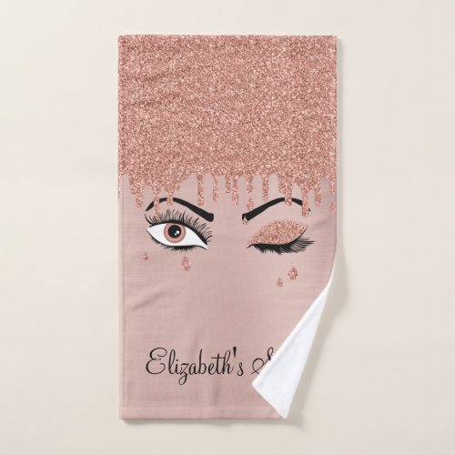 Rose Pink Gold Eyelashes Dripping Glitter Salon Hand Towel