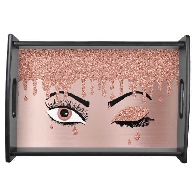 Rose Pink Gold Eyelashes Dripping Glitter  Serving Tray (Front)
