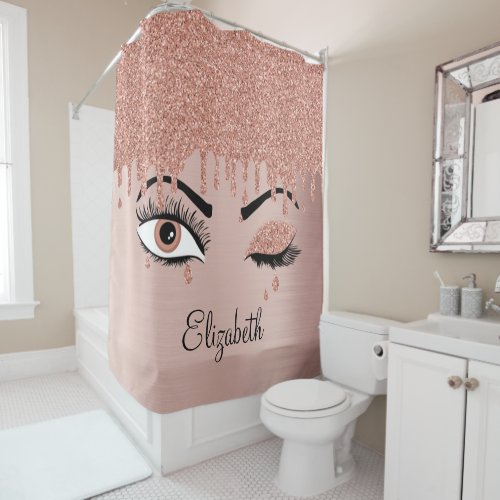 Rose Pink Gold Eyelashes Dripping Glitter  Shower Curtain