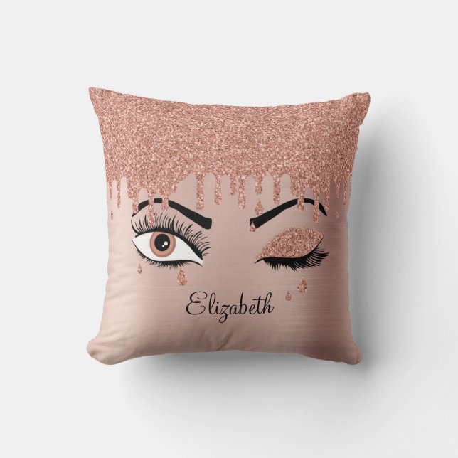 Rose Pink Gold Eyelashes Dripping Glitter Throw Pillow (Front)