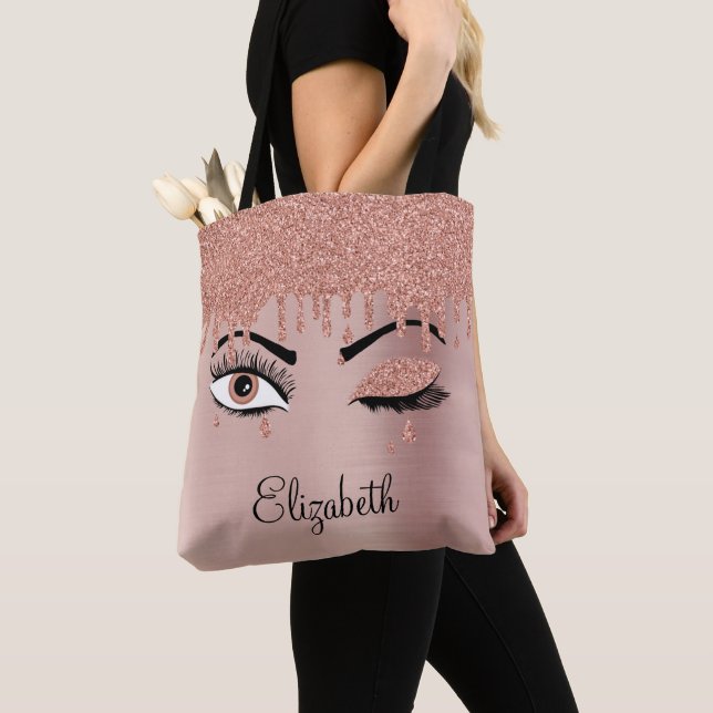 Rose Pink Gold Eyelashes Dripping Glitter  Tote Bag (Close Up)