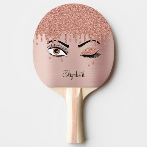 Rose Pink Gold Eyelashes Glitter Table Tennis Ping Pong Paddle