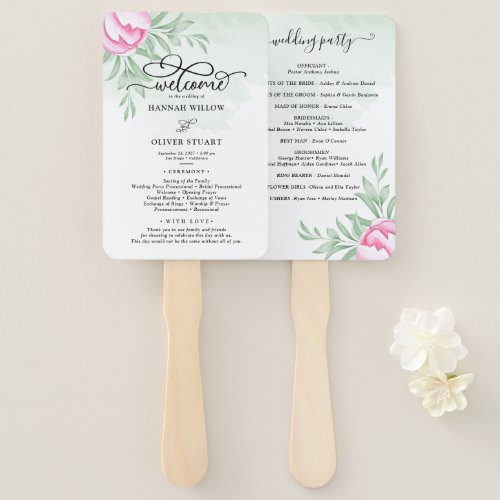 Rose Pink Gold Floral Greenery Wedding Program  Hand Fan