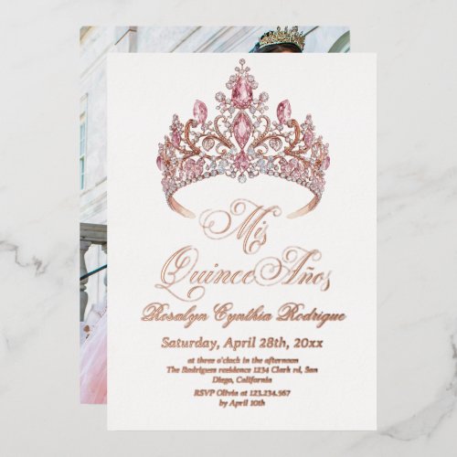 Rose Pink Gold Foil Tiara Quinceanera Photo Invitation