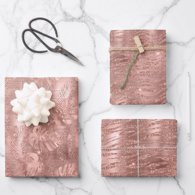 Rose Pink Gold Glam Animal Print Wrapping Paper Sheets (Front)