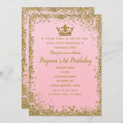 Rose Pink  Gold Glitter Crown 1ST Birthday Party Invitation
