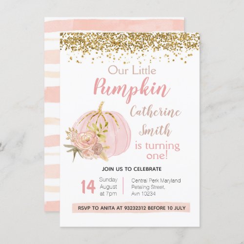 Rose Pink Gold Pumpkin 1st Birthday Invitation