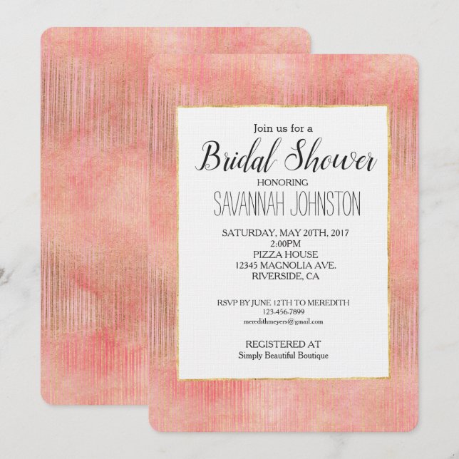 Rose Pink Gold Stripes Bridal Shower Invitation (Front/Back)