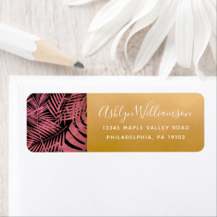 Rose pink gold tropical palm leaf script address label
