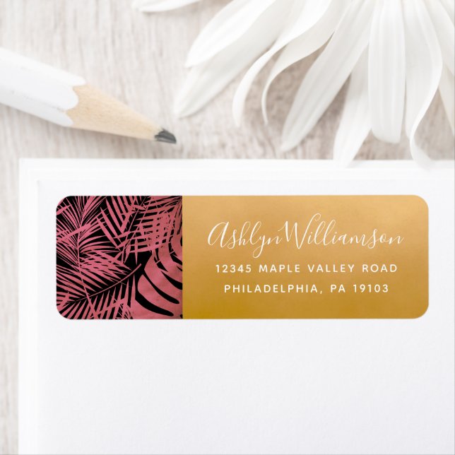 Rose pink gold tropical palm leaf script address label (Insitu)