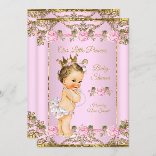 Rose Pink Gold White Princess Baby Shower Brunette Invitation