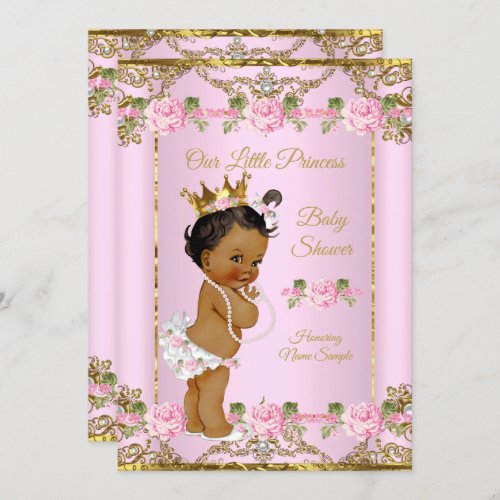 Rose Pink Gold White Princess Baby Shower Ethnic Invitation