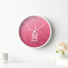 Rose pink Gradient Geometric Mesh Pattern Monogram Clock
