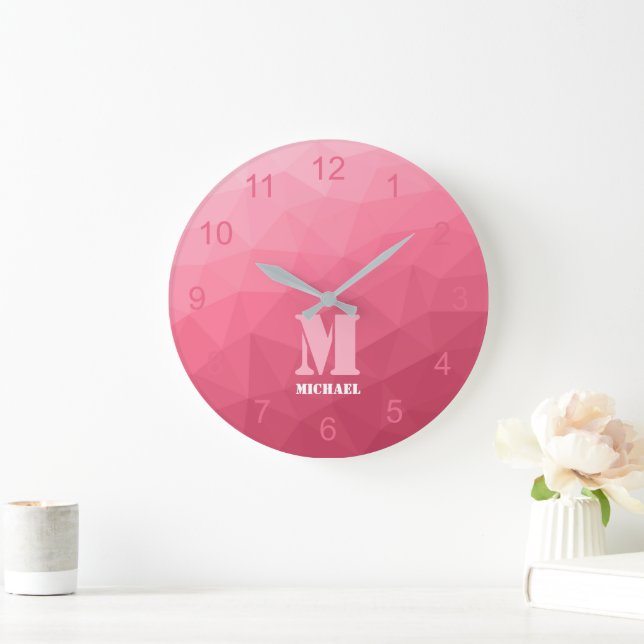 Rose pink Gradient Geometric Mesh Pattern Monogram Large Clock (Home)