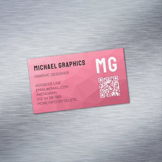 Rose pink gradient geometric mesh pattern QR code Business Card Magnet (In Situ)