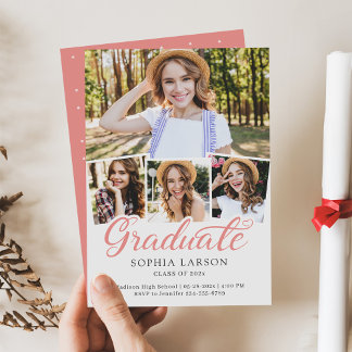 Rose Pink Graduate Script 4 Photo Graduation Announcement