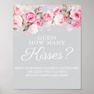 Rose Pink Gray Bridal Shower Guess Kisses Game Poster