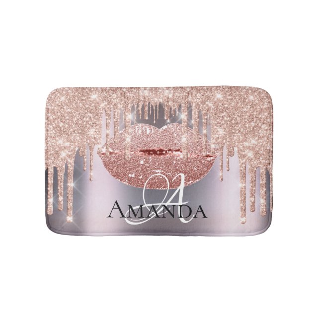 Rose Pink Gray Glitter Name Monogram Makeup Bath Mat (Front)
