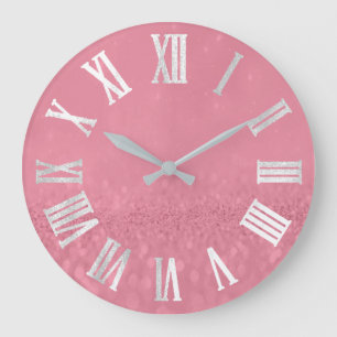 Rose Pink Gray Silver Glitter Metal Roman Numers Large Clock