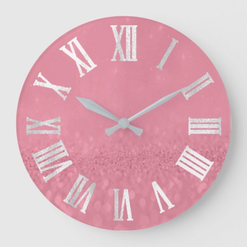 Rose Pink Gray Silver Glitter Metal Roman Numers Large Clock