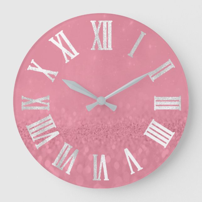 Rose Pink Gray Silver Glitter Metal Roman Numers Large Clock (Front)