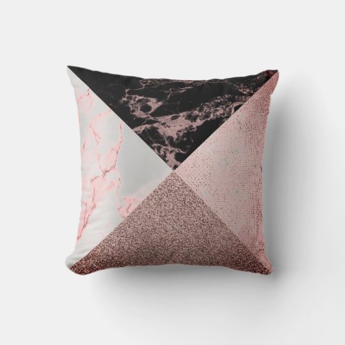 Rose Pink Gray Sparkly Geometric Marble Throw Pillow