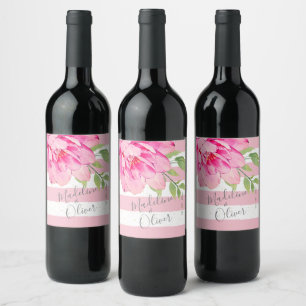 Rose Pink Green Stripe Floral Chic Silver Wine Label